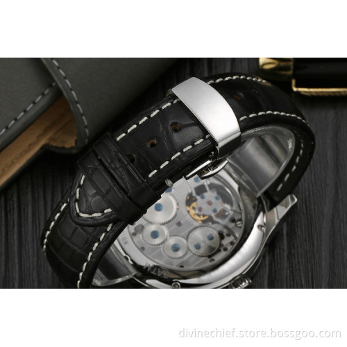 Classical Black Tourbillon Movement Watch For Men, Custom High End Leather Band Wrist Watch